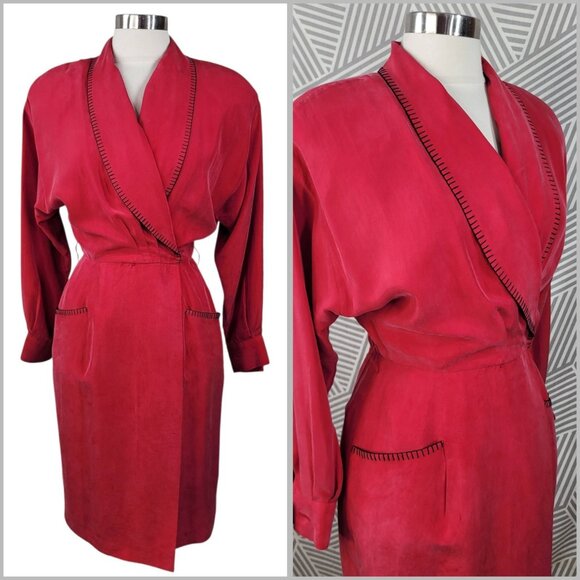 Vintage 100% Silk Power Suit Jacket Dress Size 6 Midi Top Red Wrap Pockets 80s - Picture 1 of 11